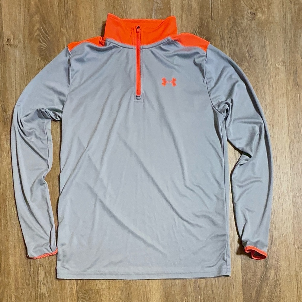 Under Armour Athletic Cold Gear 1/4 Zip Top Youth Large Gray & Orange